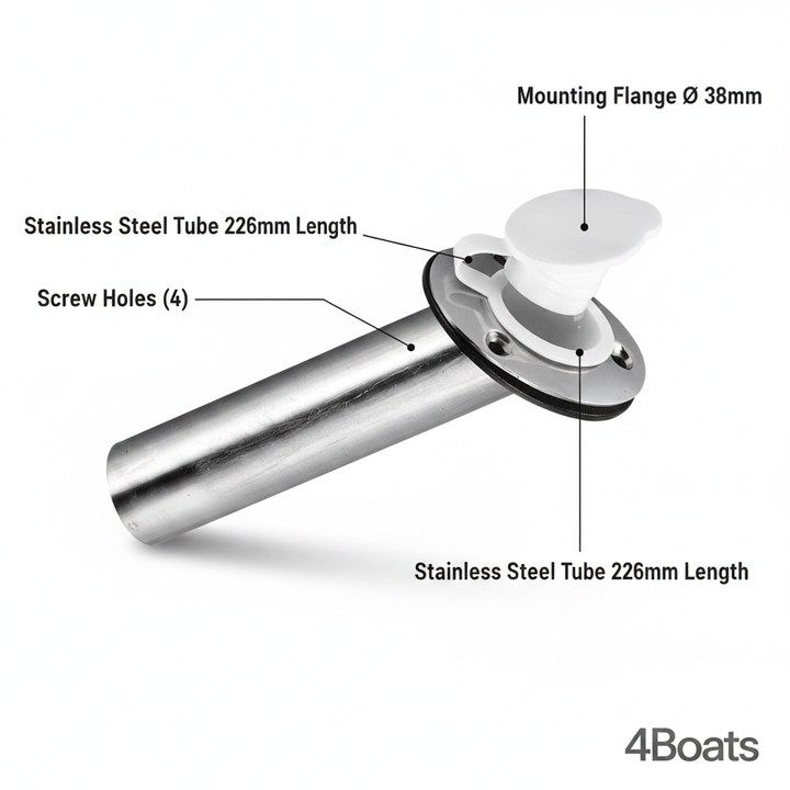 Rod Holder Stainless Steel 226mm Ø 38mm with White Cap | 4Boats - Technical specification image 2