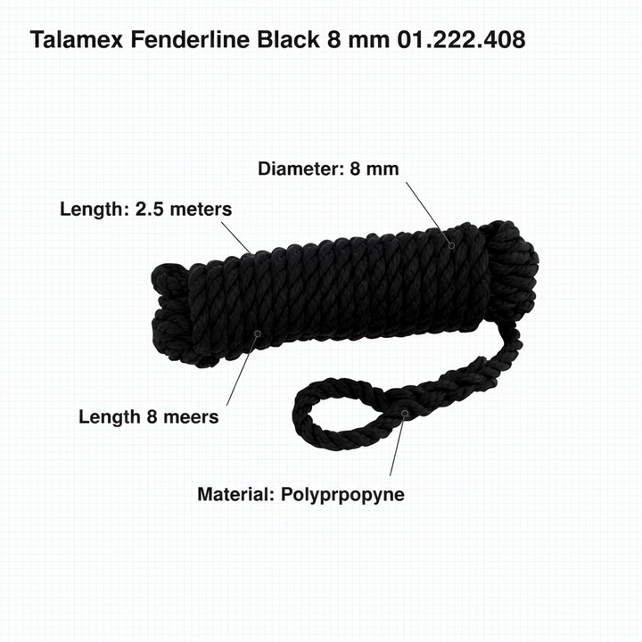 Talamex 8mm x 2.5m Black Fender Lines Pair Spliced Eye Boat Rope 01.222.408 - Technical specification image 2