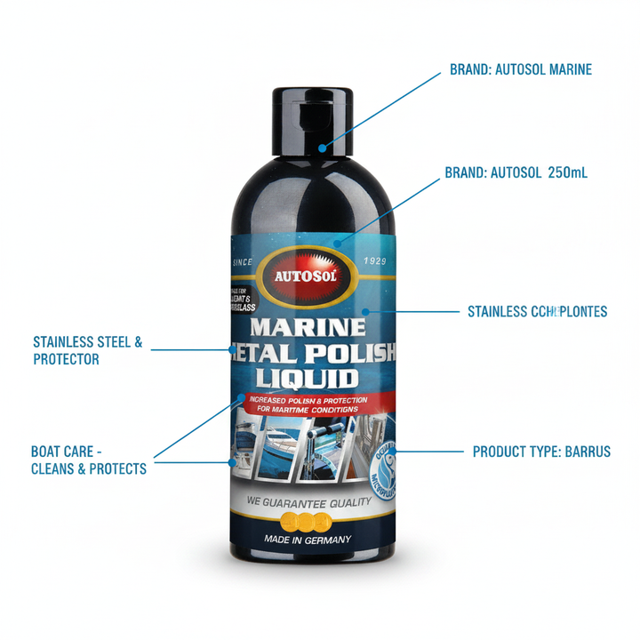 Autosol Marine Metal Polish Liquid 250ml - Stainless Steel & Chrome Protector - Technical specification image 2