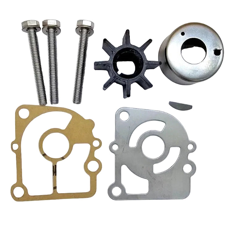 Set of mechanical parts including a gear, bolts, and gaskets on a white background