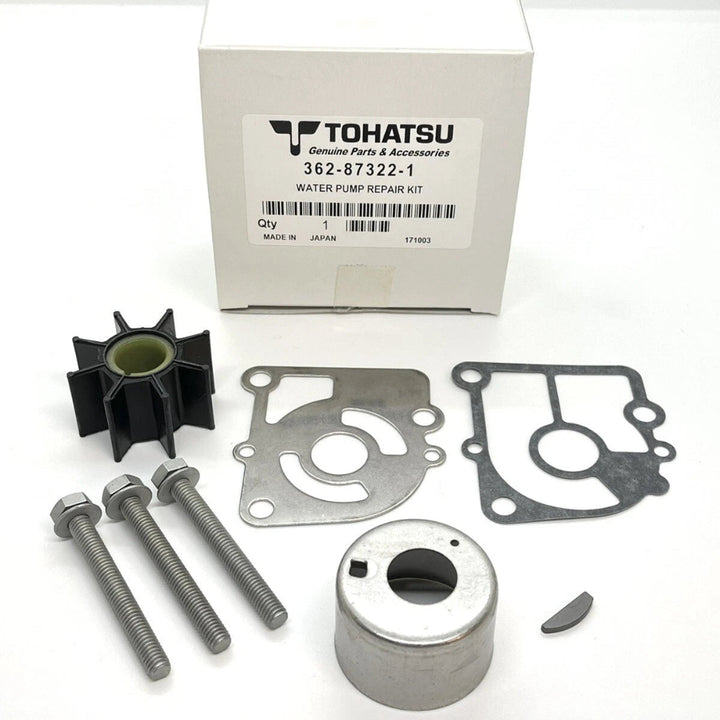 Tohatsu water pump repair kit with parts on a white background
