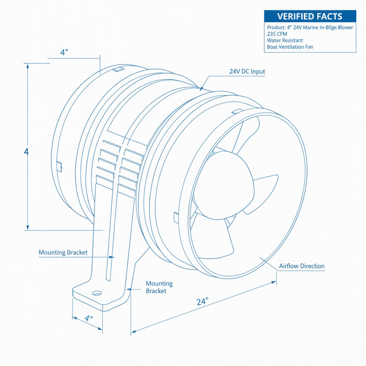 4" 24V Marine In-Line Bilge Blower 235CFM Water Resistant Boat Ventilation Fan - Technical specification image 3