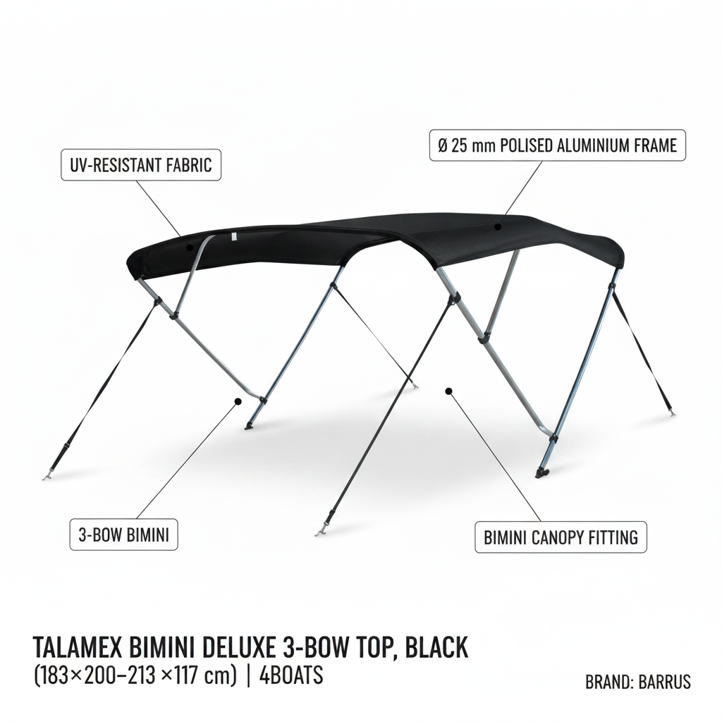 Talamex Bimini Deluxe 3‑Bow Top, Black (183×200–213×117 cm) | 4Boats - Technical specification image 2