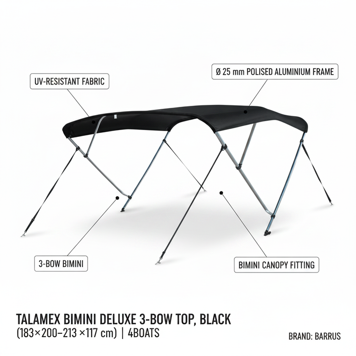 Talamex Bimini Deluxe 3‑Bow Top, Black (183×200–213×117 cm) | 4Boats - Technical specification image 2