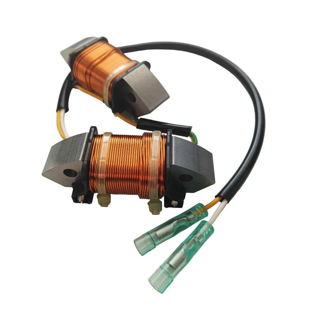 Electrical component with copper windings and connectors on a white background
