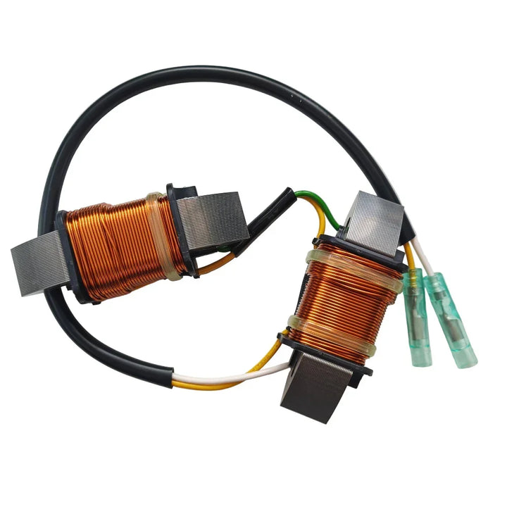 Electrical component with coils and connectors on a white background