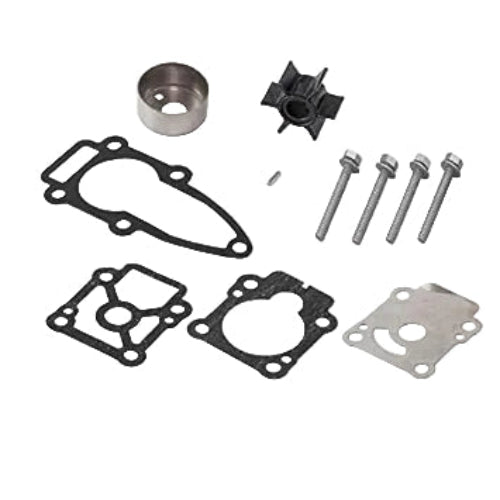 Set of mechanical parts including a impeller, gaskets, and bolts on a white background