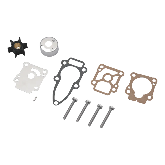 Mechanical parts including a impeller, gaskets, and screws on a white background