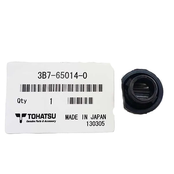 A small black circular mechanical part in clear plastic packaging, shown next to a white TOHATSU genuine parts label with barcode and part number 3B7-65014-0.