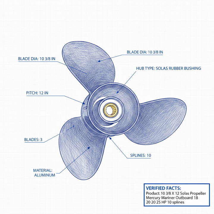 10 3/8 X 12 Solas Propeller Mercury Mariner Outboard 18 20 25 HP 10 splines - Technical specification image 3