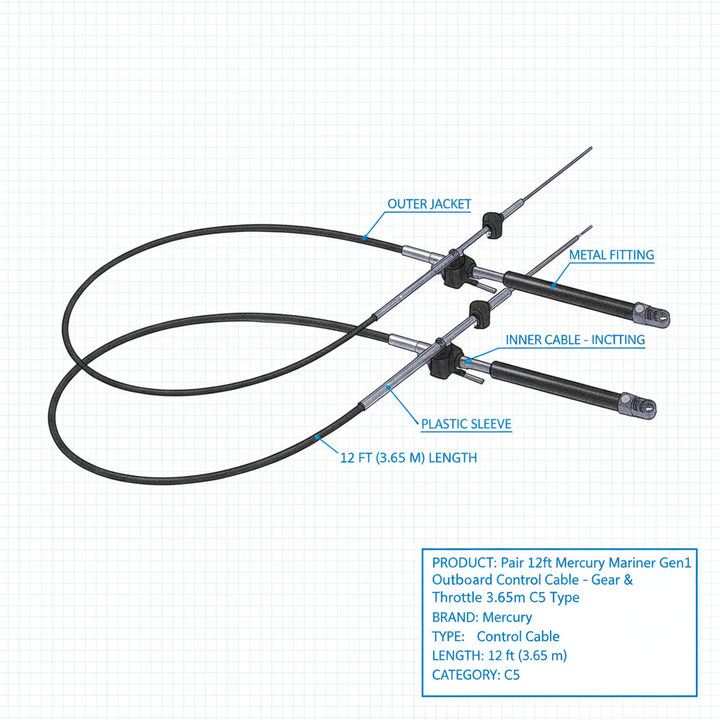 Pair 12ft Mercury Mariner Gen1 Outboard Control Cable - Gear & Throttle 3.65m C5 Type - Technical specification image 2