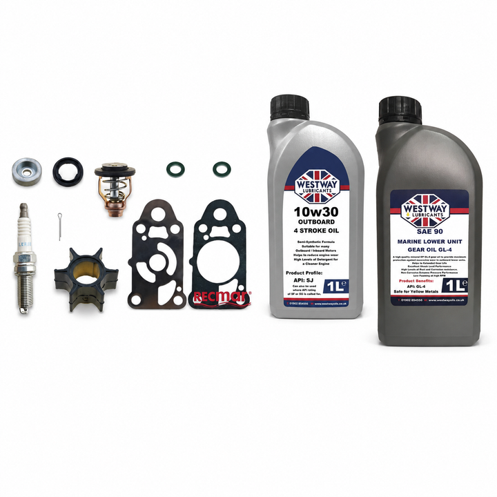 Mercury Mariner 2.5 3.5HP service kit with exactly 1L 10W-30 engine oil and 1L SAE 90 gear oil
