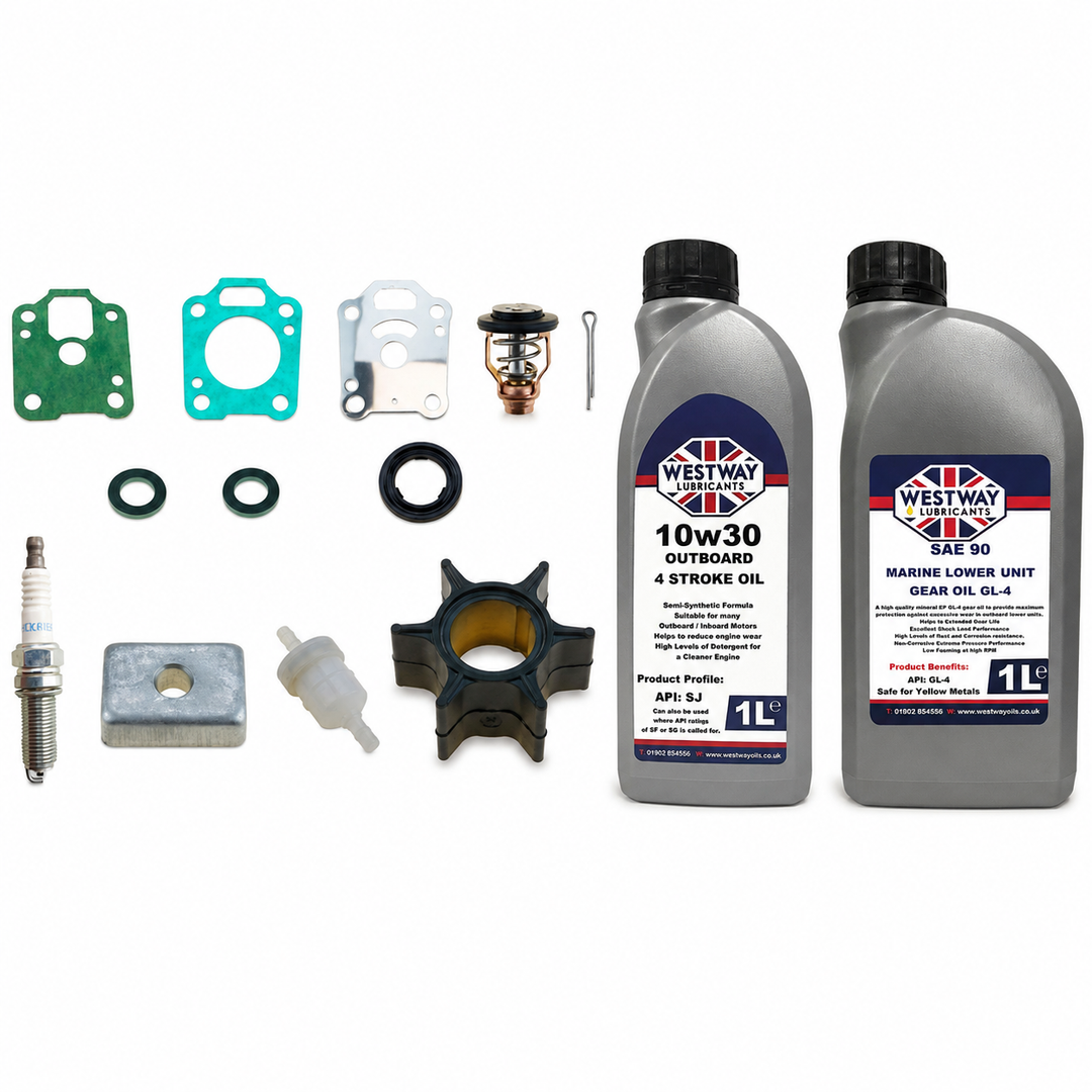 Mercury Mariner 4-6HP 4-Stroke Service Kit with Oils RECKITMER4. Exact included oils: 1 × 1L Westway SAE 10W-30 four-stroke outboard engine oil, NMMA FC-W; 1 × 1L Westway SAE 90 marine gear oil, API GL-4