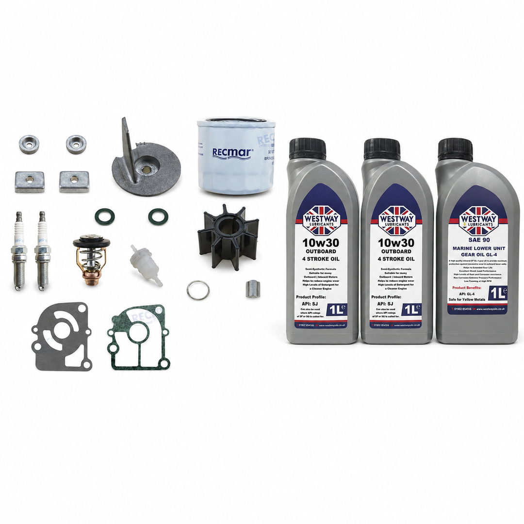 Mercury Mariner 15-20HP 4-Stroke Service Kit with Oils RECKITMER15. Exact included oils: 2 × 1L Westway SAE 10W-30 four-stroke outboard engine oil, NMMA FC-W; 1 × 1L Westway SAE 90 marine gear oil, API GL-4