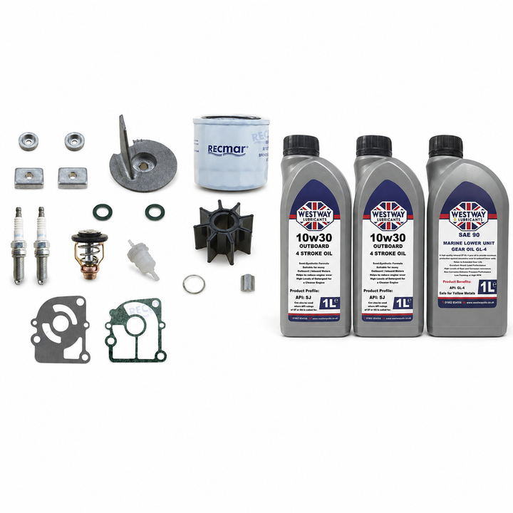 Mercury Mariner 15-20HP 4-Stroke Service Kit with Oils RECKITMER15. Exact included oils: 2 × 1L Westway SAE 10W-30 four-stroke outboard engine oil, NMMA FC-W; 1 × 1L Westway SAE 90 marine gear oil, API GL-4