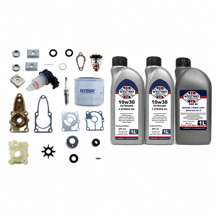 Mercury Mariner 15-20HP EFI 4-Stroke Service Kit with Oils RECKITMER20. Exact included oils: 2 × 1L Westway SAE 10W-30 four-stroke outboard engine oil, NMMA FC-W; 1 × 1L Westway SAE 90 marine gear oil, API GL-4