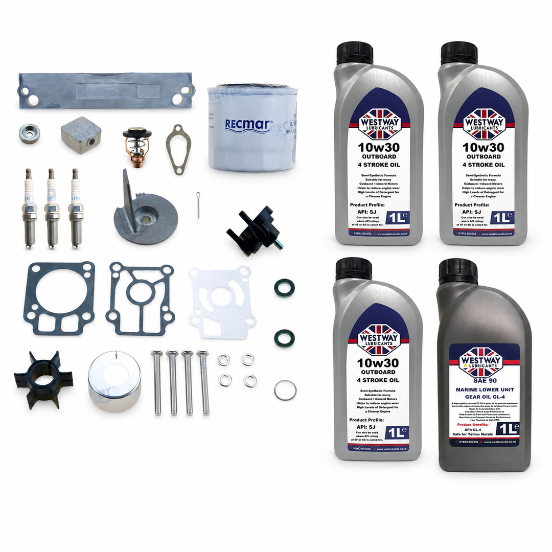Mercury Mariner 25-30HP EFI 4-Stroke Service Kit with Oils RECKITMER25. Exact included oils: 3 × 1L Westway SAE 10W-30 four-stroke outboard engine oil, NMMA FC-W; 1 × 1L Westway SAE 90 marine gear oil, API GL-4