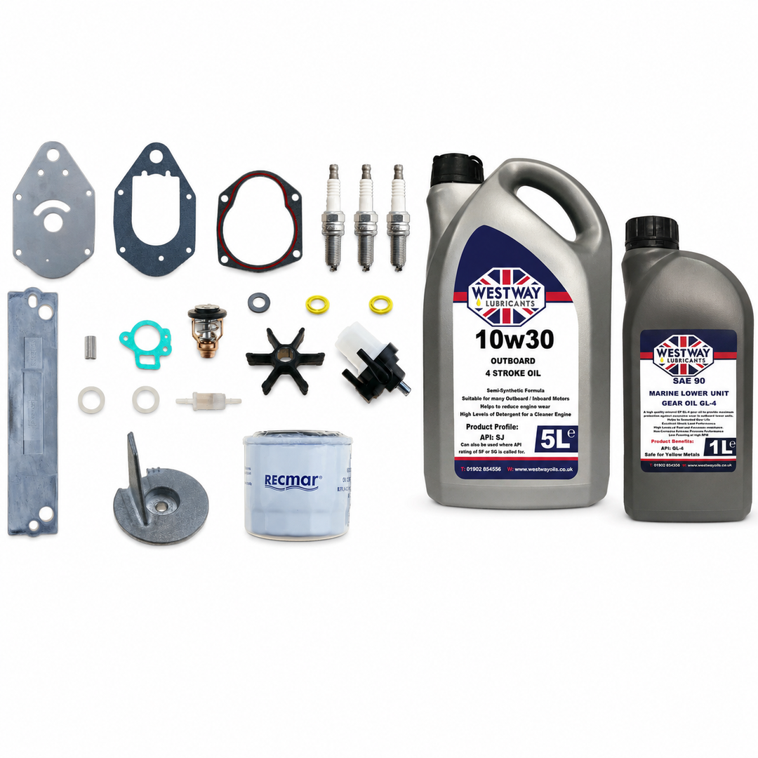 Mercury 40HP 3-Cylinder EFI 4-Stroke Service Kit with Oils RECKITMER40. Exact included oils: 1 × 5L Westway SAE 10W-30 four-stroke outboard engine oil, NMMA FC-W; 1 × 1L Westway SAE 90 marine gear oil, API GL-4
