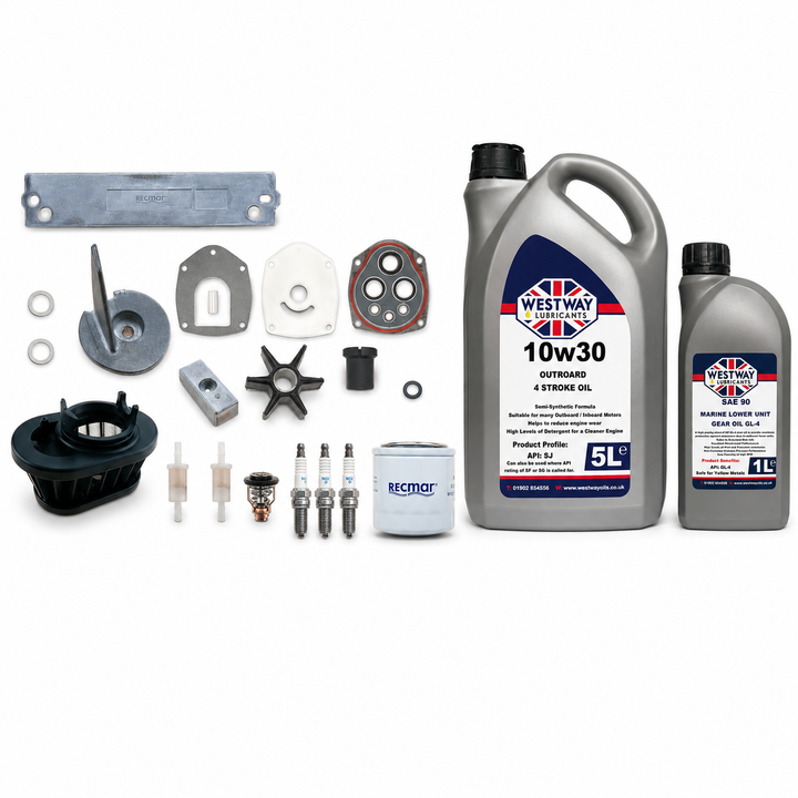 Mercury Mariner 75-115HP EFI 4-Stroke Service Kit with Oils RECKITMER115. Exact included oils: 1 × 5L Westway SAE 10W-30 four-stroke outboard engine oil, NMMA FC-W; 1 × 1L Westway SAE 90 marine gear oil, API GL-4