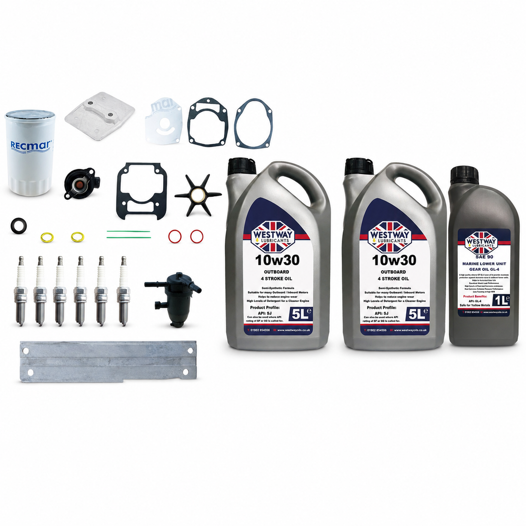 Mercury Mariner 175-225HP 3.4L V6 Service Kit with Oils RECKITMER3.4. Exact included oils: 2 × 5L Westway SAE 10W-30 four-stroke outboard engine oil, NMMA FC-W; 1 × 1L Westway SAE 90 marine gear oil, API GL-4