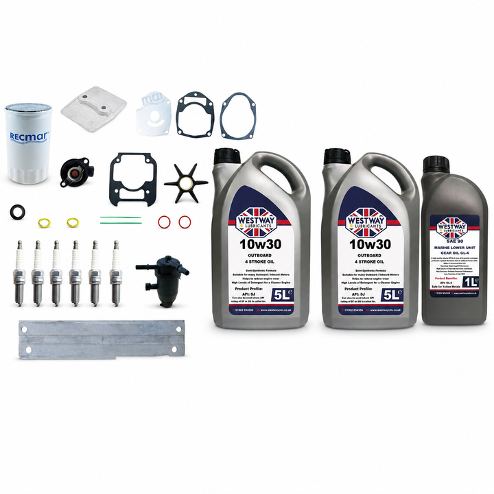 Mercury Mariner 175-225HP 3.4L V6 Service Kit with Oils RECKITMER3.4. Exact included oils: 2 × 5L Westway SAE 10W-30 four-stroke outboard engine oil, NMMA FC-W; 1 × 1L Westway SAE 90 marine gear oil, API GL-4