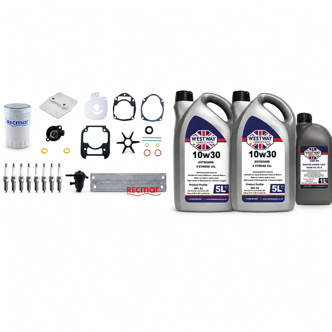 Mercury 250-300HP 4.6L V8 4-Stroke Service Kit with Oils RECKITMER4.6. Exact included oils: 2 × 5L Westway SAE 10W-30 four-stroke outboard engine oil, NMMA FC-W; 1 × 1L Westway SAE 90 marine gear oil, API GL-4