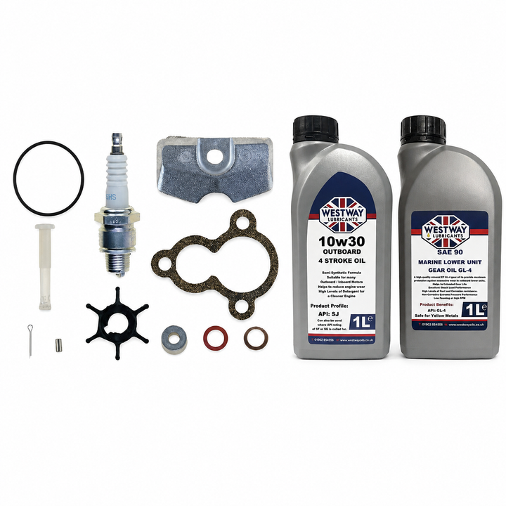 Yamaha F2.5A 2002-2014 Service Kit with Oils RECKITF2.5A. Exact included oils: 1 × 1L Westway SAE 10W-30 four-stroke outboard engine oil, NMMA FC-W; 1 × 1L Westway SAE 90 marine gear oil, API GL-4