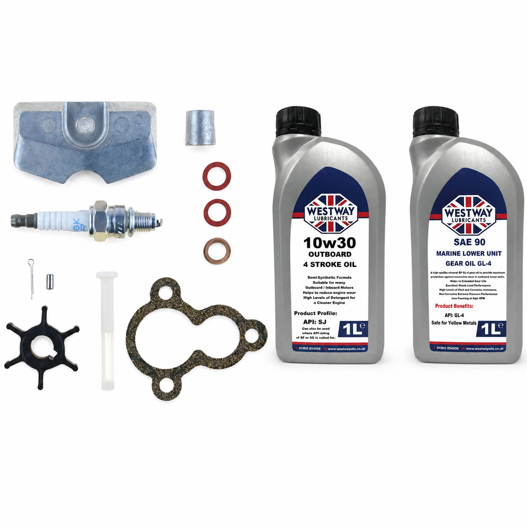 Yamaha F2.5B 2015-On Service Kit with Oils RECKITF2.5B. Exact included oils: 1 × 1L Westway SAE 10W-30 four-stroke outboard engine oil, NMMA FC-W; 1 × 1L Westway SAE 90 marine gear oil, API GL-4
