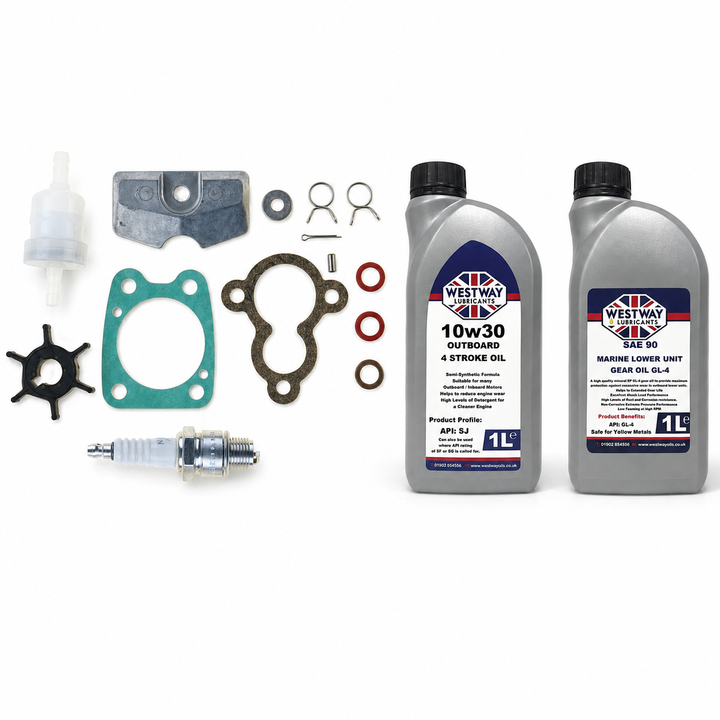 Yamaha F4A 1998-2009 Service Kit with Oils RECKITF4A. Exact included oils: 1 × 1L Westway SAE 10W-30 four-stroke outboard engine oil, NMMA FC-W; 1 × 1L Westway SAE 90 marine gear oil, API GL-4