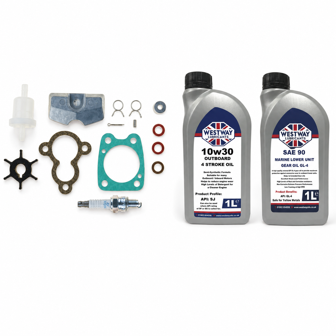 Yamaha F4B F5A 2010-On Service Kit with Oils RECKITF5A. Exact included oils: 1 × 1L Westway SAE 10W-30 four-stroke outboard engine oil, NMMA FC-W; 1 × 1L Westway SAE 90 marine gear oil, API GL-4