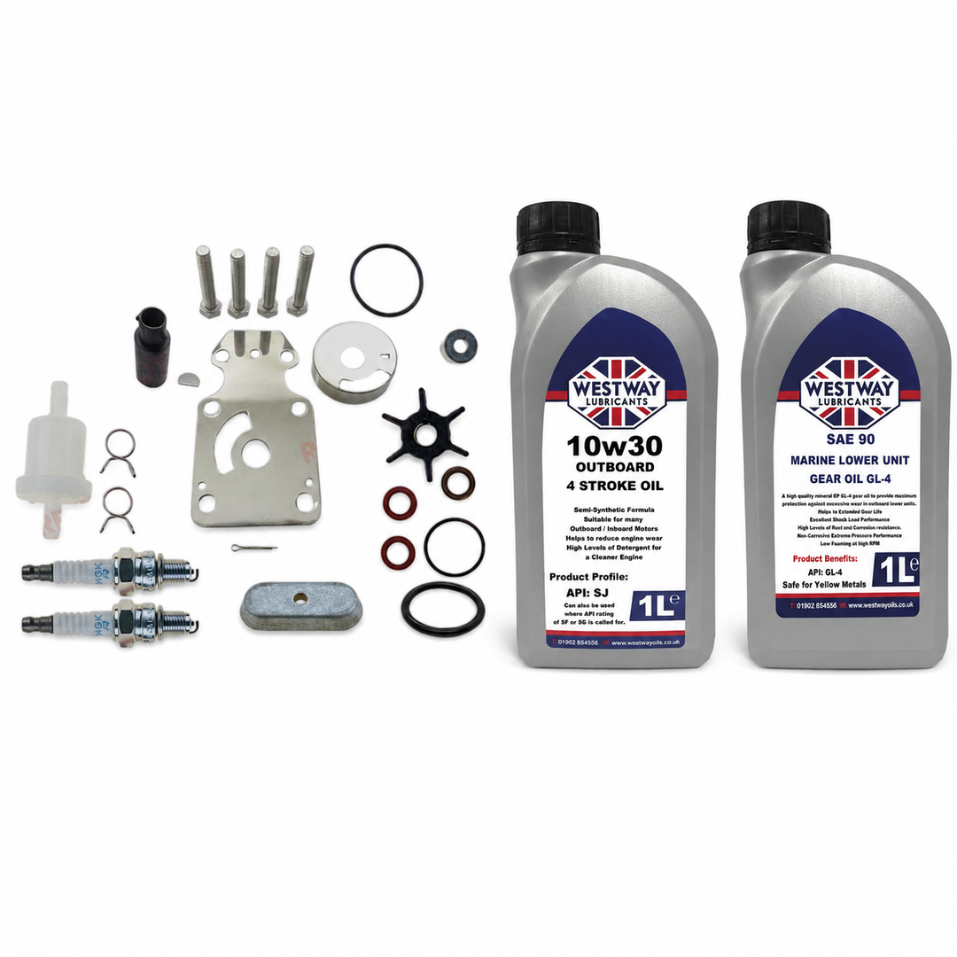Yamaha F6 F8 F9.9 4-Stroke Service Kit with Oils RECKITF6A. Exact included oils: 1 × 1L Westway SAE 10W-30 four-stroke outboard engine oil, NMMA FC-W; 1 × 1L Westway SAE 90 marine gear oil, API GL-4