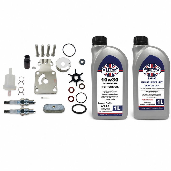 Yamaha F6 F8 F9.9 4-Stroke Service Kit with Oils RECKITF6A. Exact included oils: 1 × 1L Westway SAE 10W-30 four-stroke outboard engine oil, NMMA FC-W; 1 × 1L Westway SAE 90 marine gear oil, API GL-4