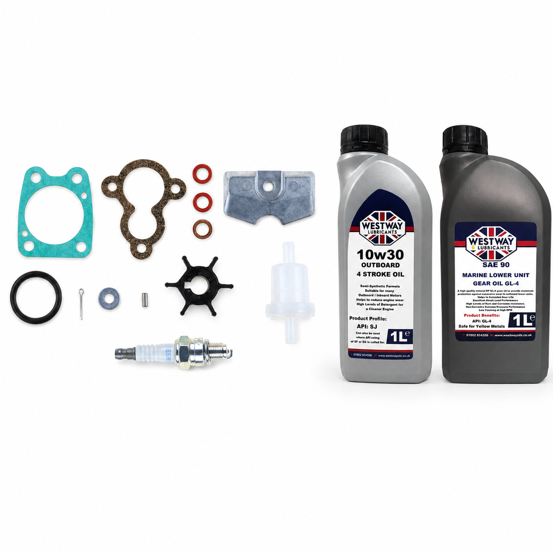 Yamaha F6C 2010-On Service Kit with Oils RECKITF6C. Exact included oils: 1 × 1L Westway SAE 10W-30 four-stroke outboard engine oil, NMMA FC-W; 1 × 1L Westway SAE 90 marine gear oil, API GL-4
