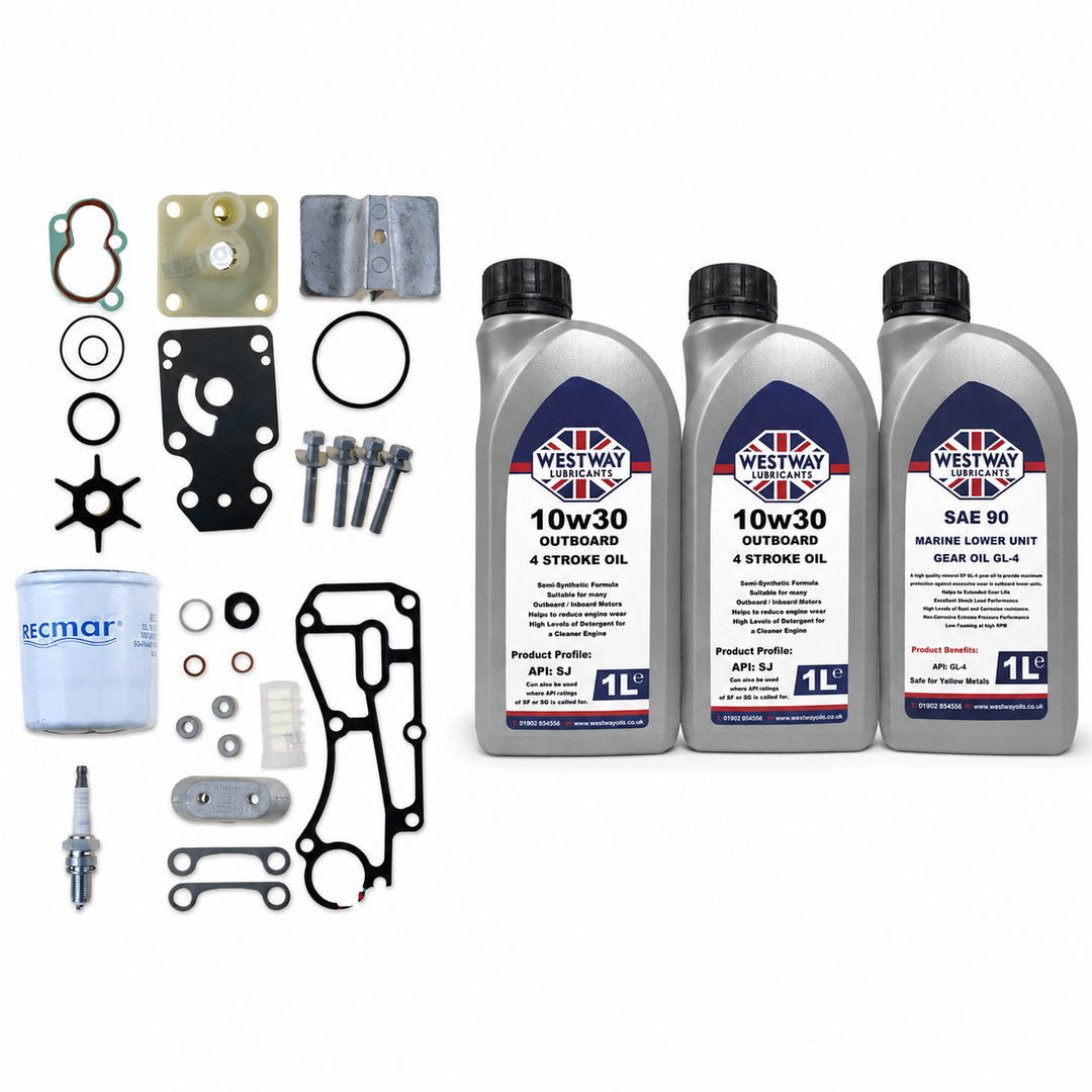Yamaha F15C 2007-On Service Kit with Oils RECKITF15C. Exact included oils: 2 × 1L Westway SAE 10W-30 four-stroke outboard engine oil, NMMA FC-W; 1 × 1L Westway SAE 90 marine gear oil, API GL-4