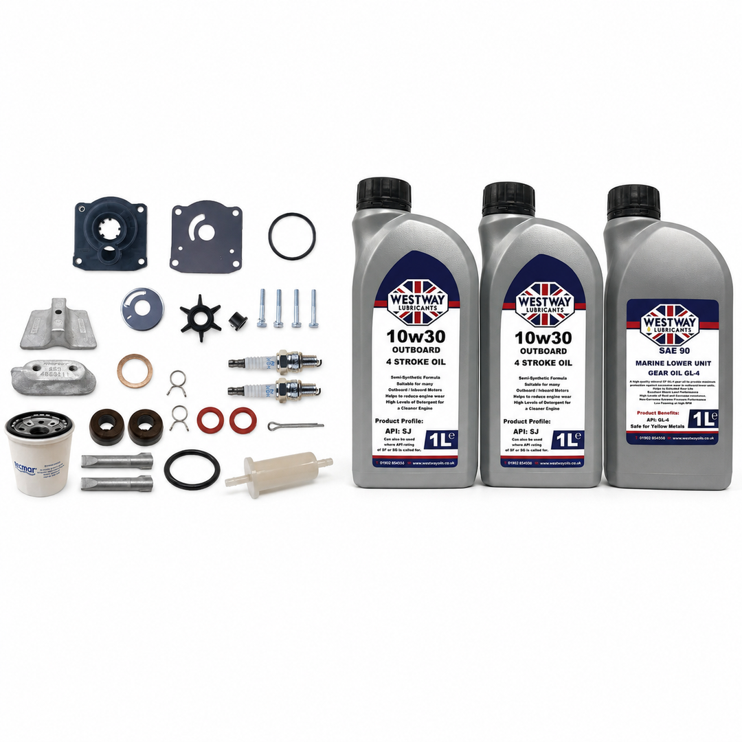 Yamaha F20A 1998-2009 Service Kit with Oils RECKITF20A. Exact included oils: 2 × 1L Westway SAE 10W-30 four-stroke outboard engine oil, NMMA FC-W; 1 × 1L Westway SAE 90 marine gear oil, API GL-4