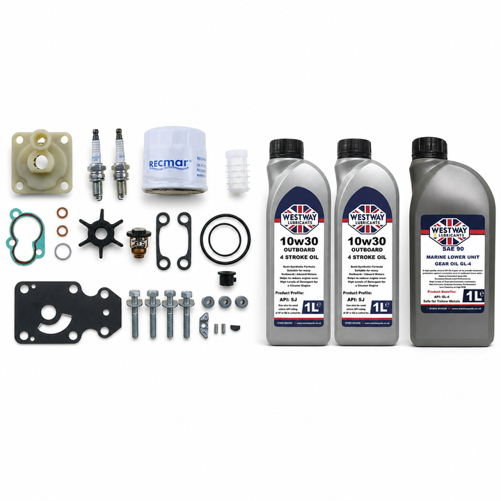 Yamaha F20B 2007-On Service Kit with Oils RECKITF20B. Exact included oils: 2 × 1L Westway SAE 10W-30 four-stroke outboard engine oil, NMMA FC-W; 1 × 1L Westway SAE 90 marine gear oil, API GL-4