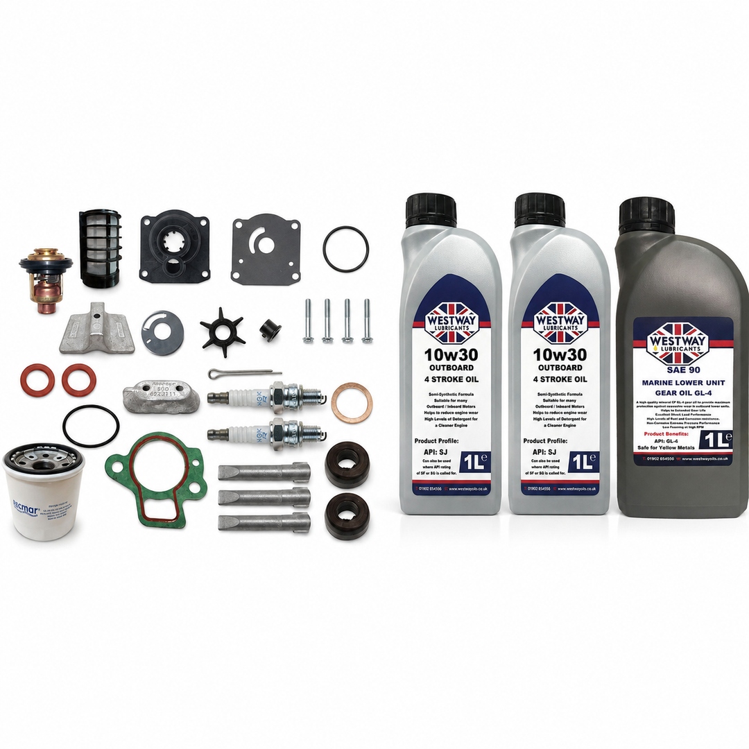 Yamaha F25A 1998-2009 Service Kit with Oils RECKITF25A. Exact included oils: 2 × 1L Westway SAE 10W-30 four-stroke outboard engine oil, NMMA FC-W; 1 × 1L Westway SAE 90 marine gear oil, API GL-4
