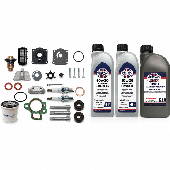 Yamaha F25A 1998-2009 Service Kit with Oils RECKITF25A. Exact included oils: 2 × 1L Westway SAE 10W-30 four-stroke outboard engine oil, NMMA FC-W; 1 × 1L Westway SAE 90 marine gear oil, API GL-4