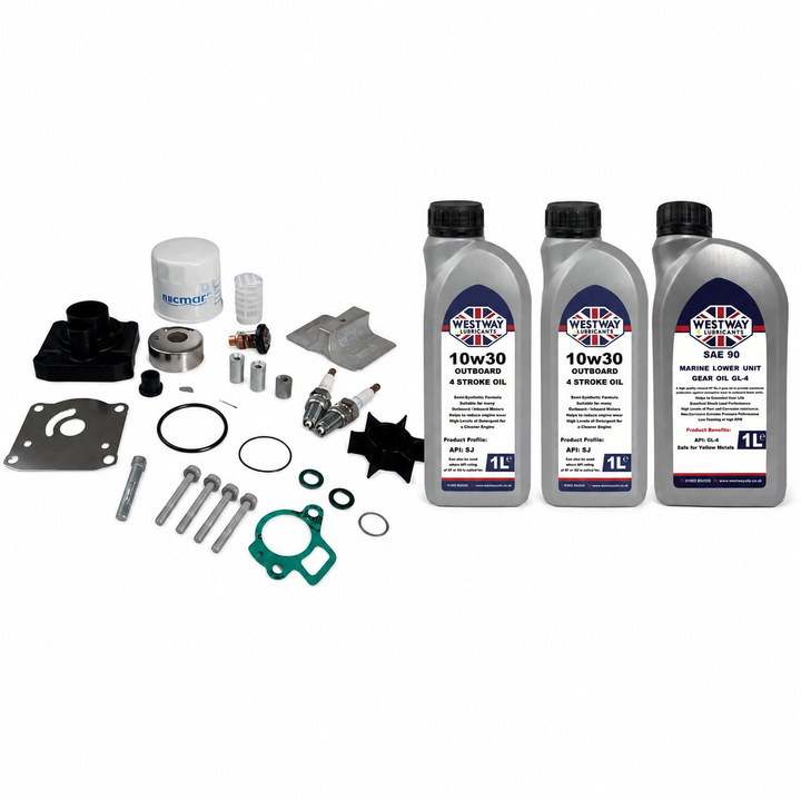 Yamaha F25D 2009-On Service Kit with Oils RECKITF25D. Exact included oils: 2 × 1L Westway SAE 10W-30 four-stroke outboard engine oil, NMMA FC-W; 1 × 1L Westway SAE 90 marine gear oil, API GL-4