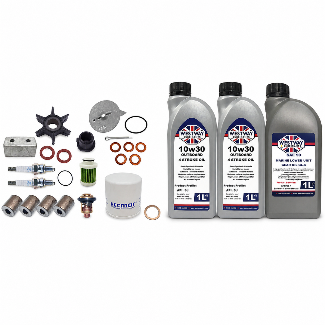 Yamaha F25G 2017-On Service Kit with Oils RECKITF25G. Exact included oils: 2 × 1L Westway SAE 10W-30 four-stroke outboard engine oil, NMMA FC-W; 1 × 1L Westway SAE 90 marine gear oil, API GL-4