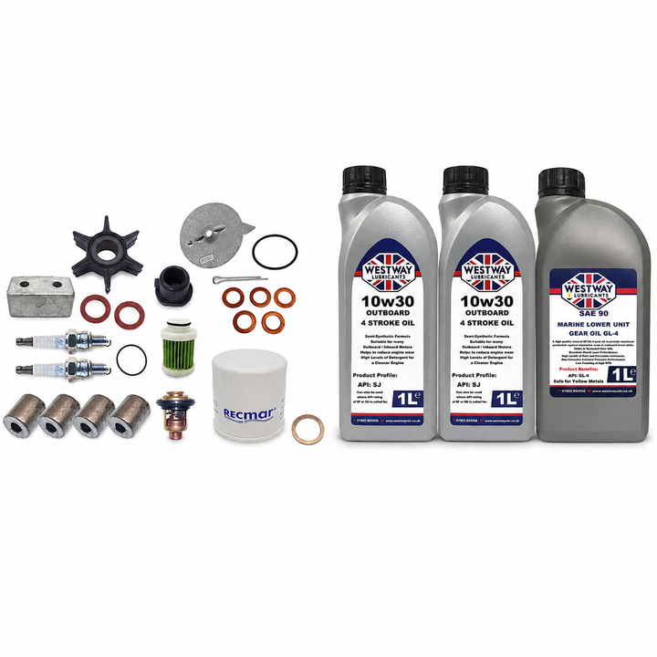 Yamaha F25G 2017-On Service Kit with Oils RECKITF25G. Exact included oils: 2 × 1L Westway SAE 10W-30 four-stroke outboard engine oil, NMMA FC-W; 1 × 1L Westway SAE 90 marine gear oil, API GL-4