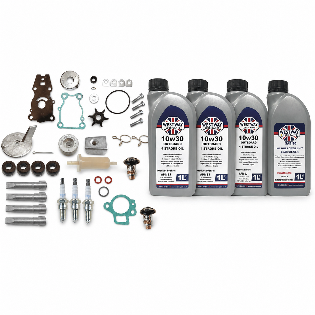 Yamaha F30A 2001-2009 Service Kit with Oils RECKITF30A. Exact included oils: 3 × 1L Westway SAE 10W-30 four-stroke outboard engine oil, NMMA FC-W; 1 × 1L Westway SAE 90 marine gear oil, API GL-4
