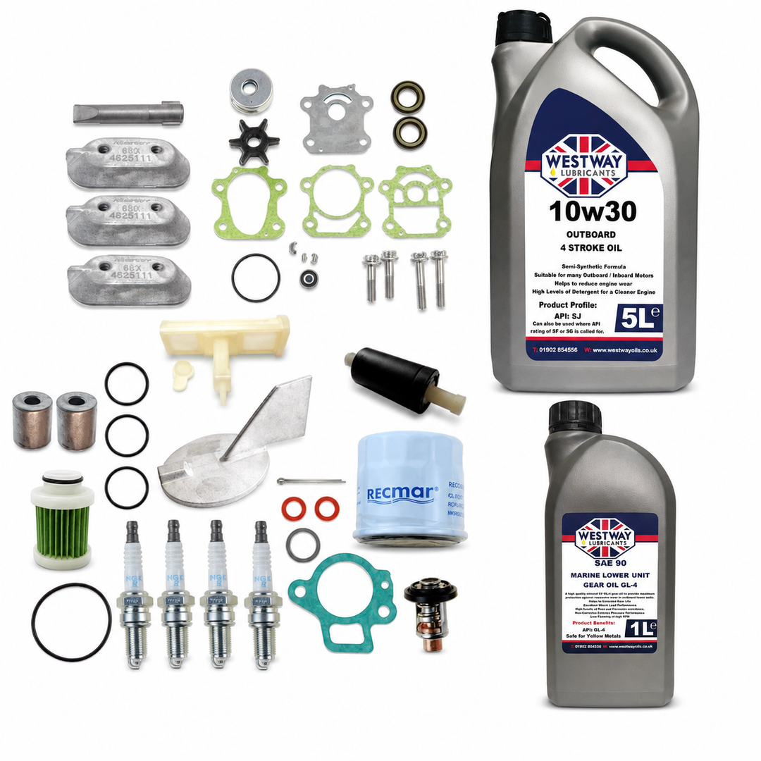 Yamaha F70A 2011-On Service Kit with Oils RECKITF70A. Exact included oils: 1 × 5L Westway SAE 10W-30 four-stroke outboard engine oil, NMMA FC-W; 1 × 1L Westway SAE 90 marine gear oil, API GL-4