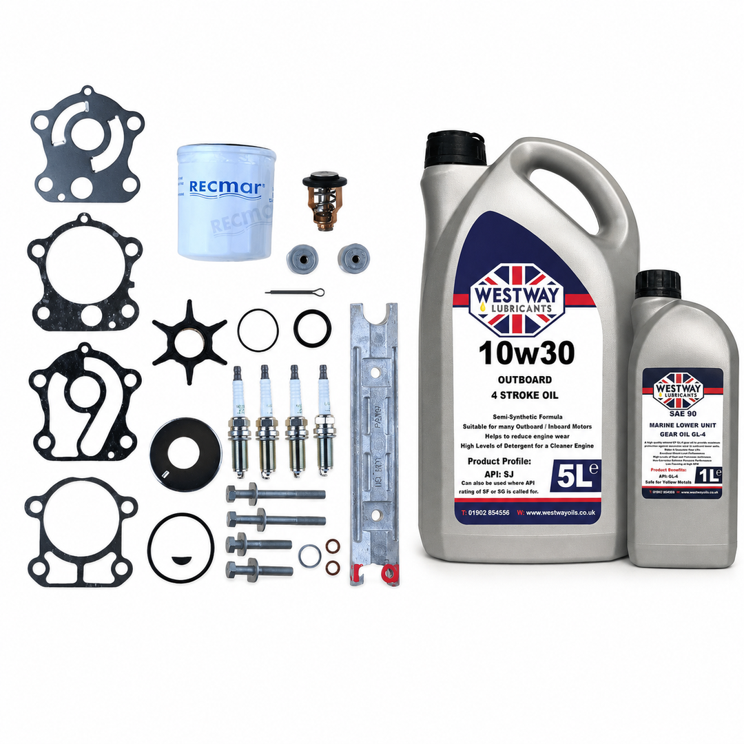 Yamaha F80A F100A 1997-2007 Service Kit with Oils RECKITF80A. Exact included oils: 1 × 5L Westway SAE 10W-30 four-stroke outboard engine oil, NMMA FC-W; 1 × 1L Westway SAE 90 marine gear oil, API GL-4