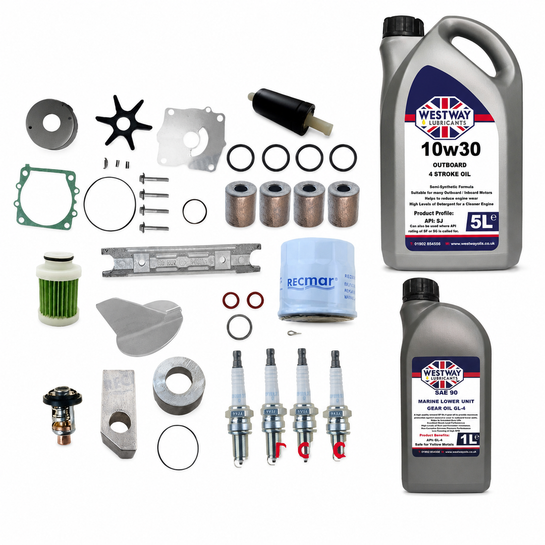 Yamaha F100F 2017-On Service Kit with Oils RECKITF100F. Exact included oils: 1 × 5L Westway SAE 10W-30 four-stroke outboard engine oil, NMMA FC-W; 1 × 1L Westway SAE 90 marine gear oil, API GL-4
