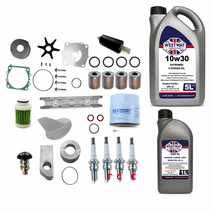 Yamaha F100F 2017-On Service Kit with Oils RECKITF100F. Exact included oils: 1 × 5L Westway SAE 10W-30 four-stroke outboard engine oil, NMMA FC-W; 1 × 1L Westway SAE 90 marine gear oil, API GL-4