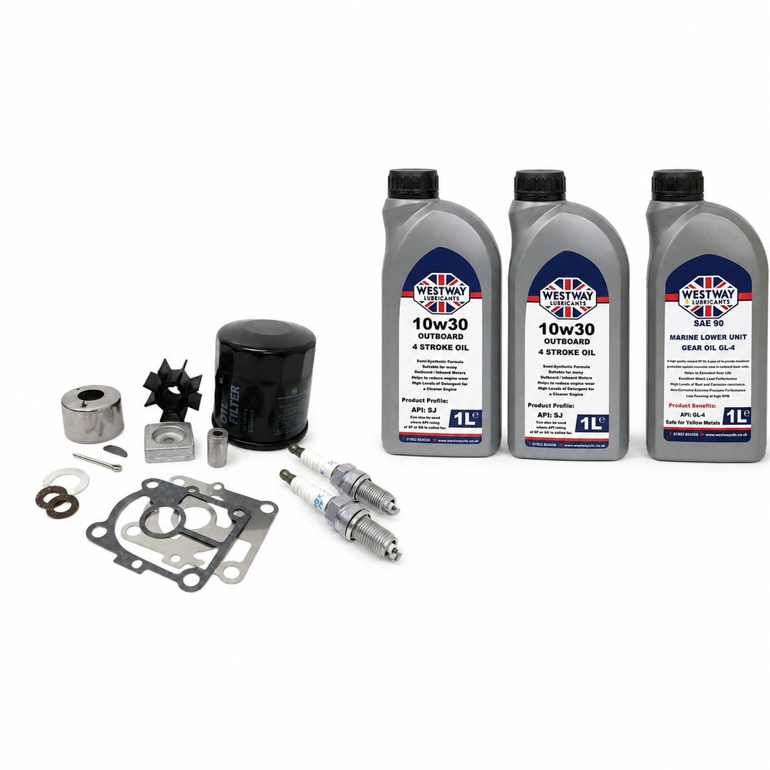 Tohatsu MFS9.9E MFS15E MFS20E EFI Service Kit with Oils 3RS-87500-1. Exact included oils: 2 × 1L Westway SAE 10W-30 four-stroke outboard engine oil, NMMA FC-W; 1 × 1L Westway SAE 90 marine gear oil, API GL-4