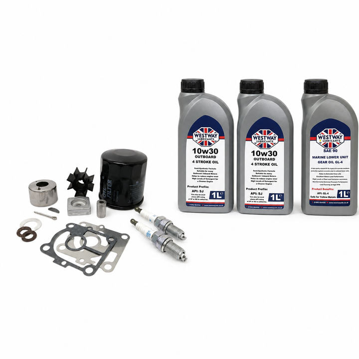 Tohatsu MFS9.9E MFS15E MFS20E EFI Service Kit with Oils 3RS-87500-1. Exact included oils: 2 × 1L Westway SAE 10W-30 four-stroke outboard engine oil, NMMA FC-W; 1 × 1L Westway SAE 90 marine gear oil, API GL-4
