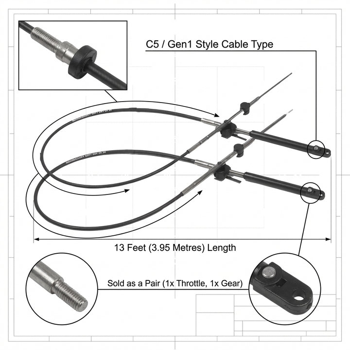 Pair 13FT Mercury Mariner Gen1 Remote Outboard Control Cable Gear Throttle 3.95m C5 Type