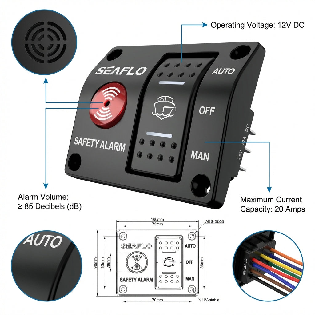 SEAFLO 12V Bilge Pump Alarm Switch Panel 20A Max SFASP1-01 Marine Boat Safety